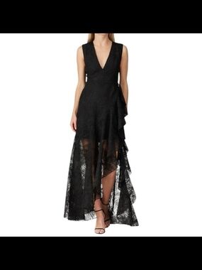 One 33 Social Black Lace High-Low V-Neck Evening Dress